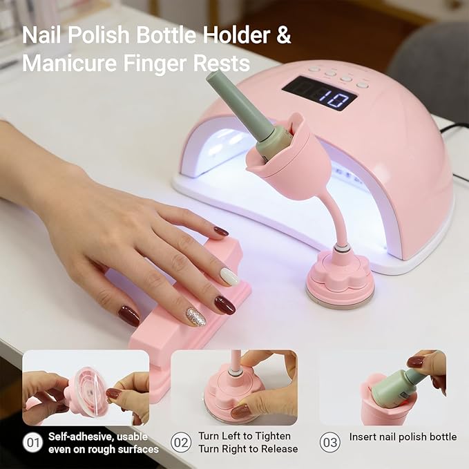 Nail Polish Bottle Holder with Silicone Hand Rest, Tilted and Anti-Spill Nail Polish Holder Stand, Strong Suction cup, 360°Rotation Rose-like Nail Stand, Nail Art Tools (Pink Stand and Hand Rest)