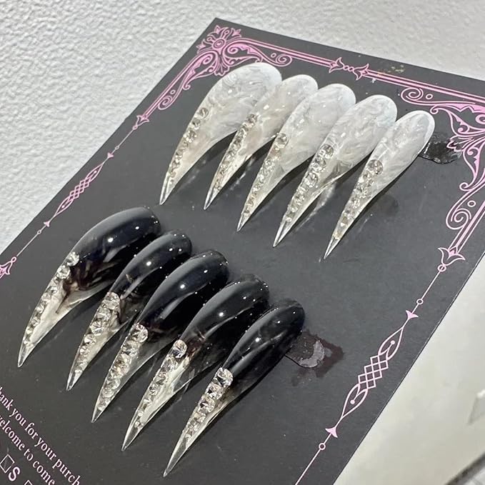 Black White Diamonds Stiletto Press on Nails with Glue Glossy Extra Long False Nails Hand-Painted Designs Handmade Eagle Dragon Cat Claw Unique Reusable Fake Nails