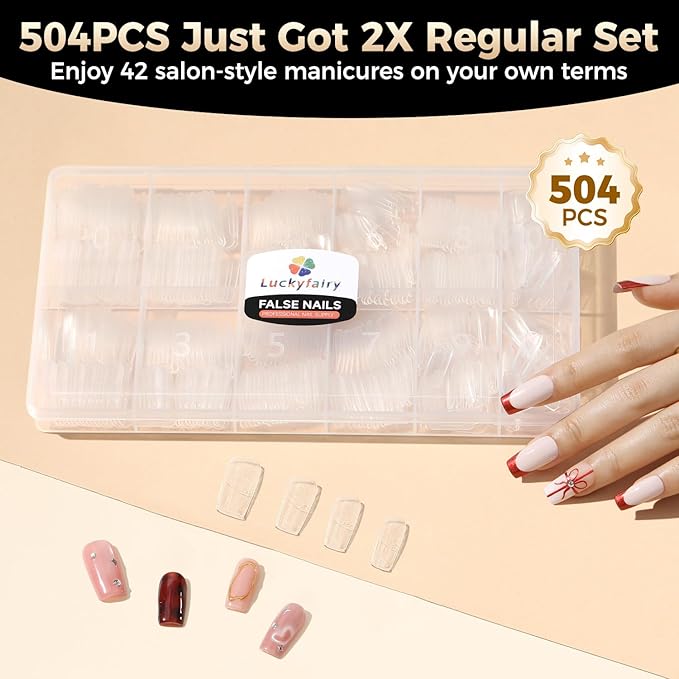 Medium Square Nail Tips: 504pcs Tri-Layer Core Square Press on Nails, 12 Sizes Pre-Etched Gel Nail Tips Clear Full Cover Fake Nails Salon Home DIY Extension for Flat & Natural Nail Beds