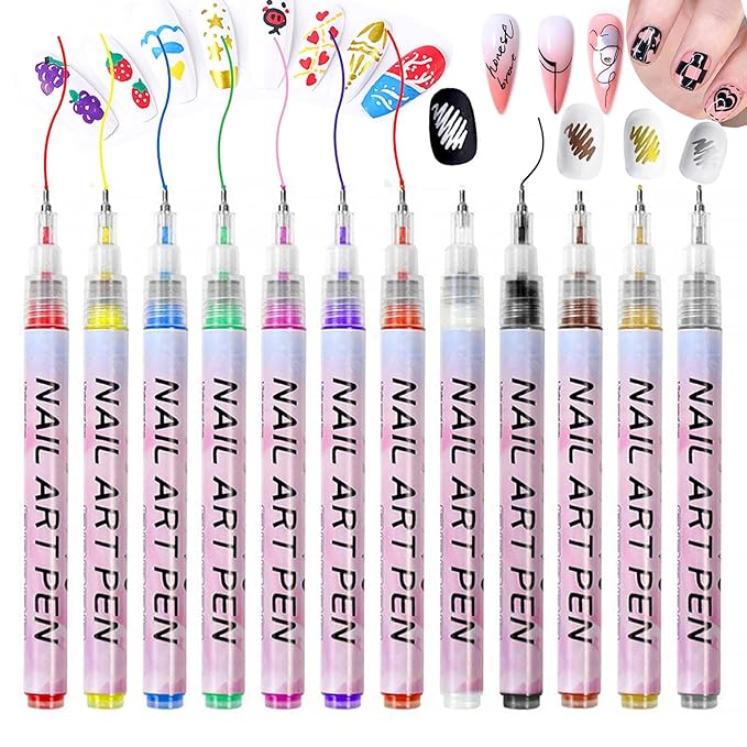 12 color Nail Art Pens Set for Girl, Nail Art Markers Set, 0.5mm Fine Tip Nail Doodle Pens, Upgraded Quick Dry Nail Polish Pens Kit for Painting dotting Liner Nails Design machin Tool Kit