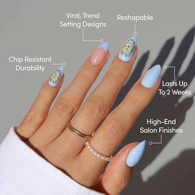 Valentines Day Glamnetic Press On Nails - Angel in Blue | Short Almond Fake Nails in a Soft Powder Blue Hue, Vintage Angel Cherub Graphics, French Tips and 3D | 15 Sizes - 30 Nail Kit with Glue
