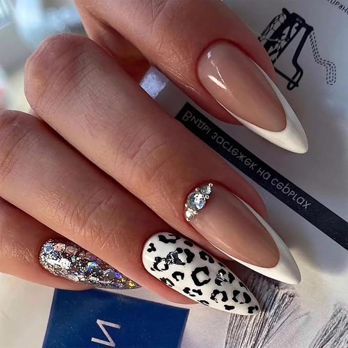 French Tips Press on Nails White with Drill Leopard Print Almond Fake Nails Nude Medium Length False Nails with Designs Full Cover Print Glitter Acrylic Glue on Nails for Women 24 Pcs