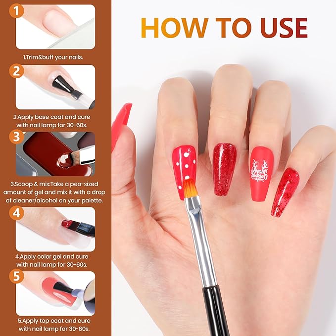 ABAC Fall & Winter Solid Gel Nail Polish Set Orange Yellow Burgundy Red Brown Purple Glitter Colors w/Pro Brush No-Spill,Hema-Free Gel Nail Kit Gifts for Women All Season