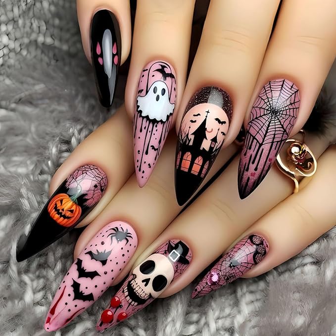 Stiletto Press on Nails Long,Halloween Fake Nails with Ghost & Skull Designs,Halloween Spider Web Pumpkin Bat Stick on Nails Pink Acrylic Nail for Women Girls Halloween Nail Art Decor 24Pcs