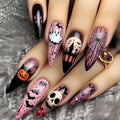 Stiletto Press on Nails Long,Halloween Fake Nails with Ghost & Skull Designs,Halloween Spider Web Pumpkin Bat Stick on Nails Pink Acrylic Nail for Women Girls Halloween Nail Art Decor 24Pcs