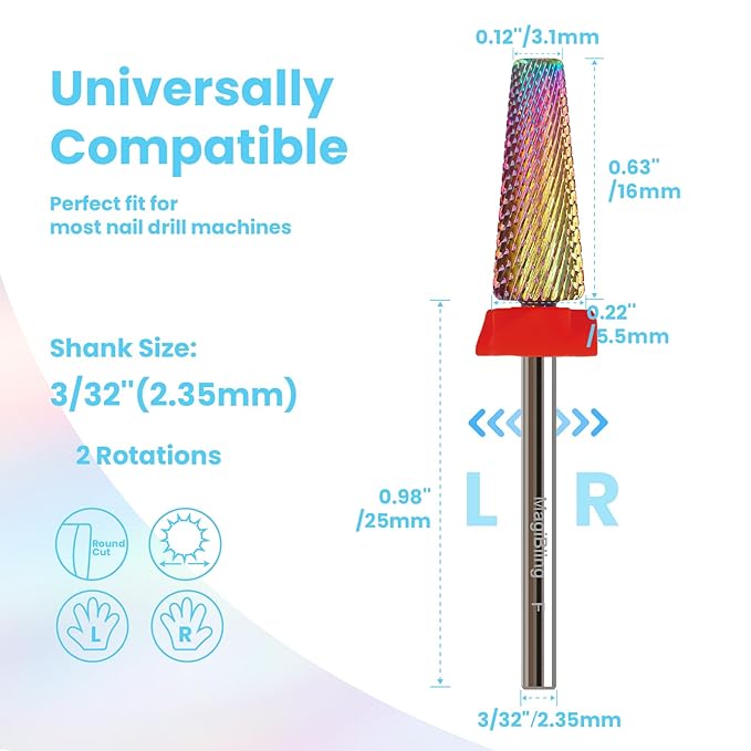 F 5 in 1 Nail Drill Bits, 16mm Tapered 3/32'' Professional Tungsten Carbide Bit for Efile, 2 Rotation for Electric Drill, Remove Thick Thin Gel, Manicure Cuticle Gel Polishing, Nail Techs Bit, Fine