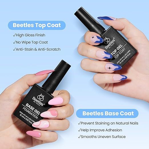 Beetles No Wipe Gel Top Coat and Base Coat Set for Gel Nail Polish - 2Pcs 15ml Super Shiny and Long Lasting Soak Off UV/LED Lamp Nail Art Design Gift