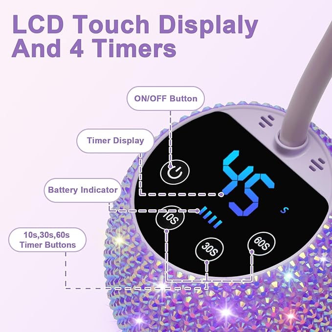 CGBE UV LED Nail Lamp, 36W Mini Cordless Flash Cure Lamp, USB Rechargeable Goosenecks LED Nail Light with 4 Timers & Auto Sensor for Salon Home DIY Use, Purple Diamond