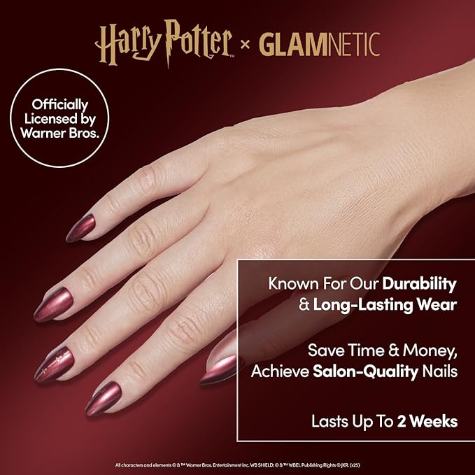 Harry Potter™ x Glamnetic Press On Nails - Gryffindor™ | Scarlet Red Graphic Short Almond Nails in a Chrome Finish | 15 Sizes - 30 Nail Kit with Glue