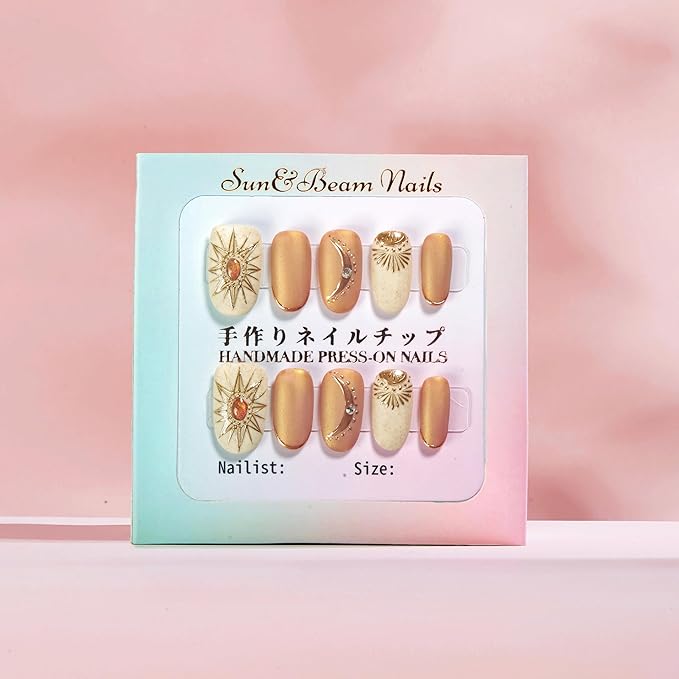 Sun&Beam Nails Handmade Press-on Medium Long Oval Round Beige Brown Gold Bohemia Design False Nail Tips 10 Pcs (#135 L)