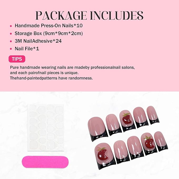 Handmade Press on Nails Short Square Fake Nails Black French Tip Nails Press Ons with 3D Red Fruit Designs False Nails Full Cover Muti-Layer Gel Stick on Nail for Women 10Pcs (Size M)