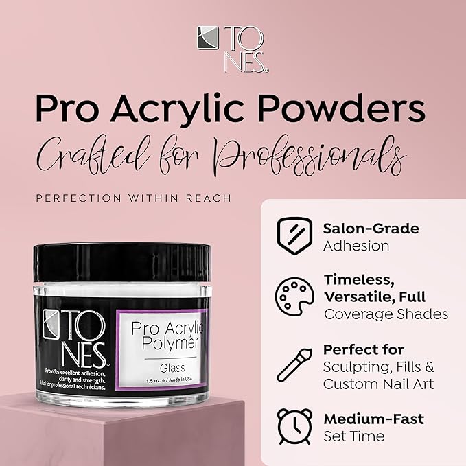 Tones Pro Acrylic Nail Powder, Glass (Clear), (1.5 Fl Oz) - Long-Lasting & Non-Yellowing Polymer for Salon Quality Nail Extensions & 3D Art