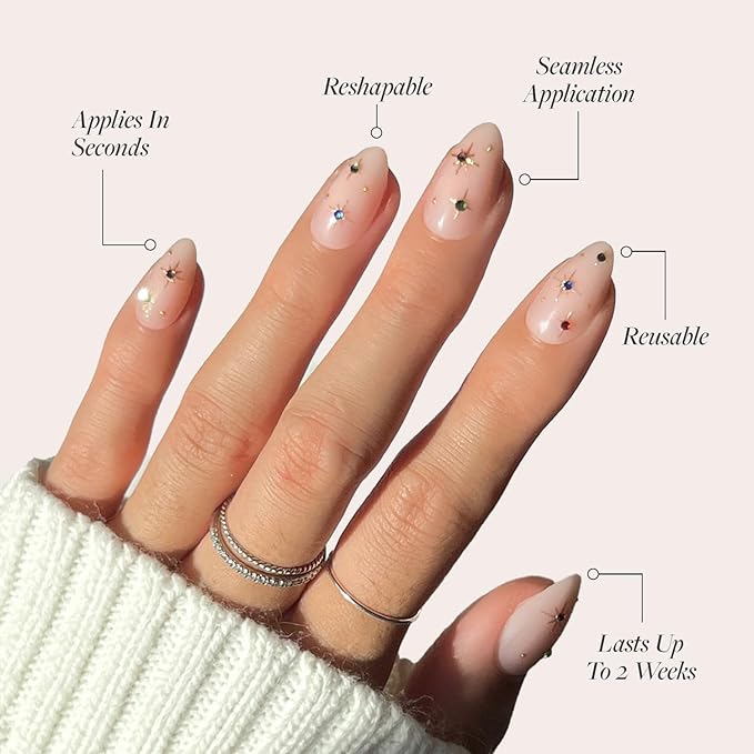 Glamnetic Press On Nails - North Star Fake Nails | Semi-Transparent 3D Multicolor Gems Short Almond Fake Nails, Salon Quality | 15 Sizes - 30 Nail Kit with Glue