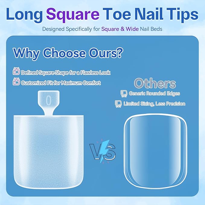 Upgraded Toe Nail Tips, Square Full Cover for Wide Long Nail Beds, Matte Pre-shaped Press on Toenails for Women Extensions Home DIY Nail Salon 300PCS 15Sizes