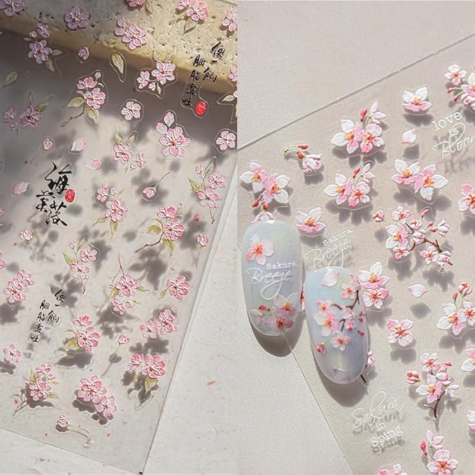 Cherry Blossom Sakura Nail Art Stickers, Pink Peach Floral Design, Spring Collection