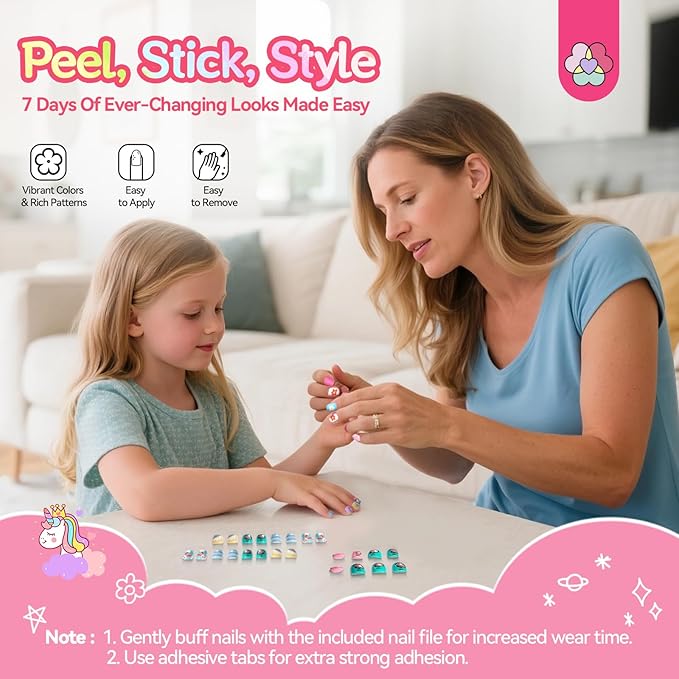 168 Pieces Press on Nails for Kids, SAVILAND 7 Pack Children Fake Artificial False Nail Tips Old Colorful Flower Nails For Girls 8-12 Years Pre Glue Full Cover with Nail Adhesive Tabs (Glamkids)