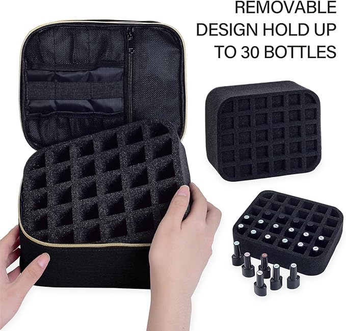 Nail Polish Organizer, Handheld Double Layer Nail Polish Storage with Adjustable Dividers, Holds 30 Bottles (15ml/0.5 fl.oz) for Nail Polish Lamp Manicure Tools and Essential Oil, Black
