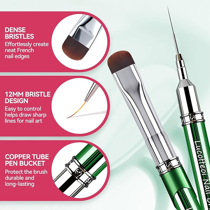 Nail Art Brushes Set 2-Piece: French Tip Brush and 12mm Liner Brush for Gel Clean Up, Smile Lines & Nail Design (Green)