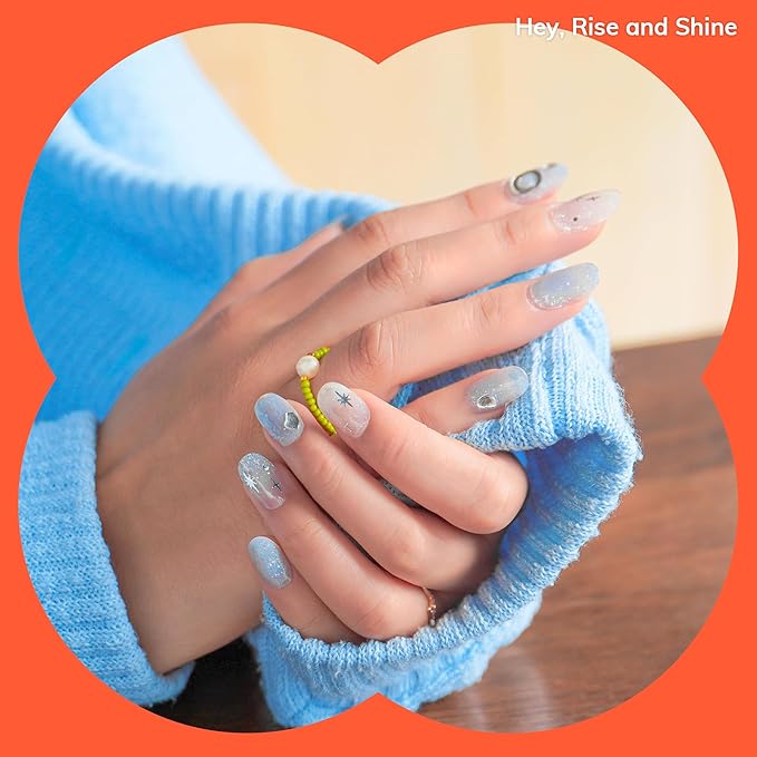 Heyhae Semi Cured Gel Nail Strips | No LED Lamp Needed | Glitter, Blue, White | Easy Apply & Remove, Salon Quality | Includes 28 Strips, 1 Prep Pads, Nail File & Wooden Stick - Hey, Rise and Shine