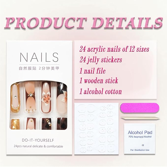 Long Square Press on Nails MABKJLF 3D Gold Curve Line Nails Floral Fake Nails French Tip False Nails with Rhinestones Leopard Print Designs Glossy Glue on Nails for Women Girls 24Pcs