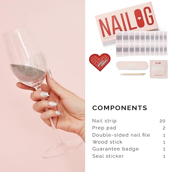 NAILOG Semi Cured Gel Nail Strips, Extra Long Glitter Nail Polish Strips (20 Pieces), Buy 2 Get 1 UV Lamp, Long Lasting Gel Nails with Soft Glossy Gel Finish, Ballerina