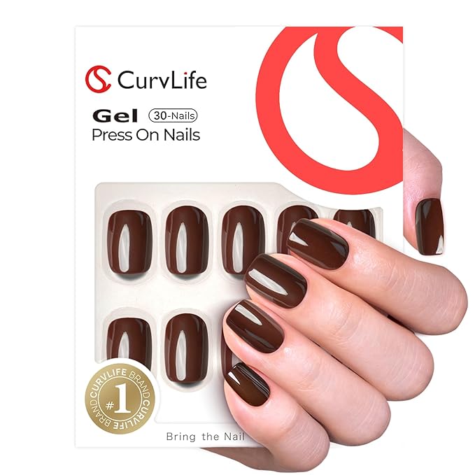 Curvlife Short Square Press On Nails – 30PCS Full Cover False Natural Fit Soft Gel Fake Brown Nails Tips, Easy to Apply at Home Glue On False Nails Kit