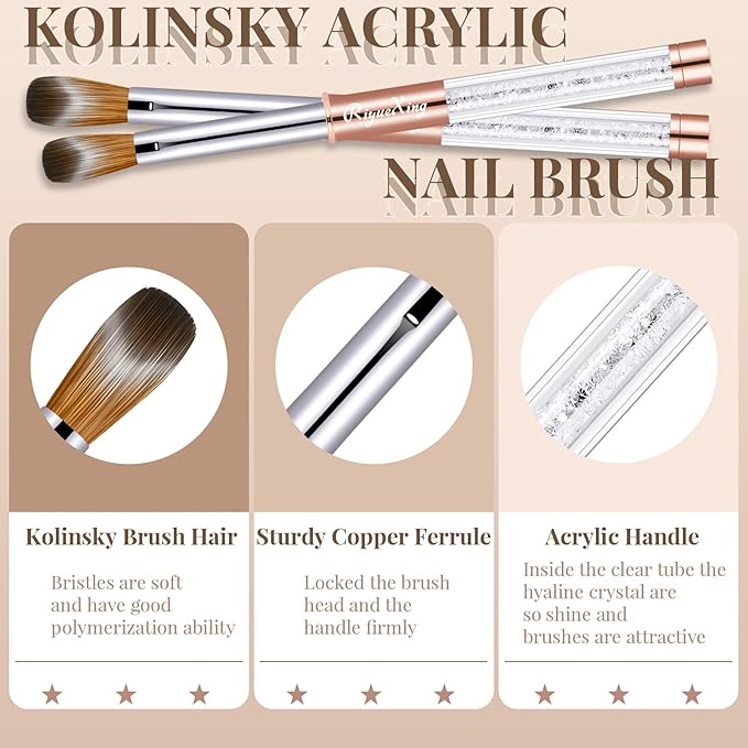 3PCS Kolinsky Hair Acrylic Nail Brush Set, Size 6/10/12, Oval Crimped Pressed Shaped, Golden Metal Handle, Professional Manicure for DIY Home Salon
