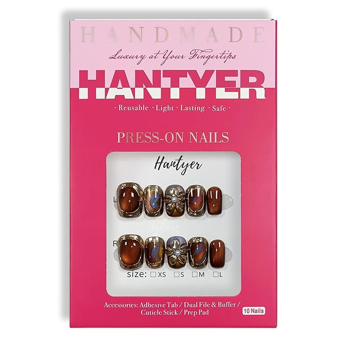 10pcs Press On Nails Vintage Amber with Hand-Painted 3D Gold Flowers and Metal Accents, Short Square Glossy False Nails, Reusable, Easy to Apply, Portable for Parties (Size L)