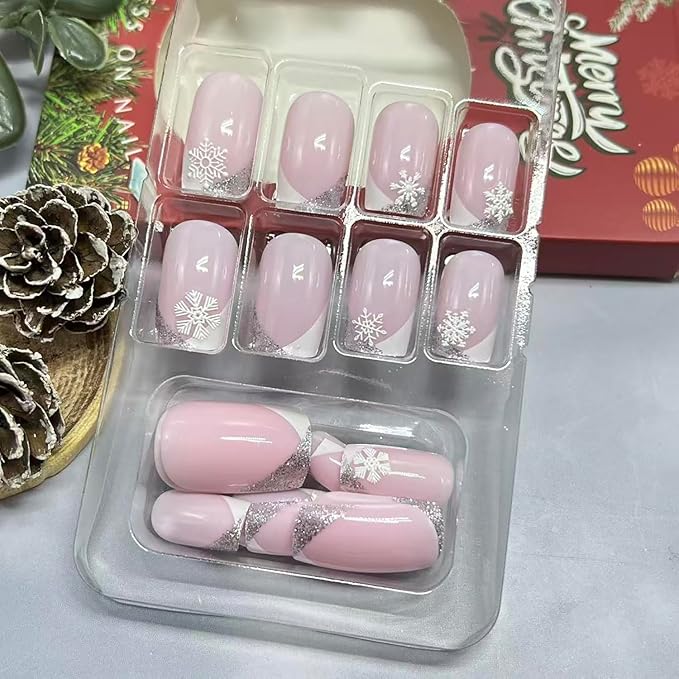 Christmas Press on Nails Medium Square Fake Nail with White Snowflake Designs White Silver French Tip Xmas False Nails Pink Full Cover Winter Stick on Nail for Women 24 Pcs