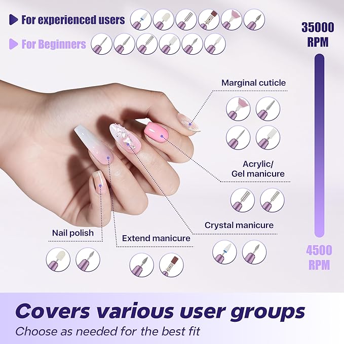 Electric Nail Drill Professional 35000RPM,Rechargeable Electric Nail File Cordless with 9-Speed & LED Display,12-in-1 Portable Manicure Pedicure kit for Acrylic Gel Dip Powder Nails (Purple)