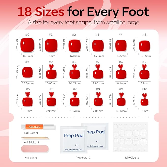 Modelones Press on Toenails Short, Red Toe Press on Nails Square, Reusable Nail Kit with Nail Glue Adhesive Tabs Mini Nail File, Toe Nails 36Pcs 18Sizes, Spring Women Girl Gift