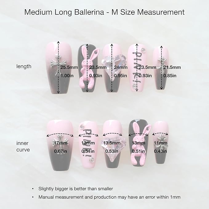 Luxury long Long Ballerina Press-On Nails, Pink and Black Gothic Design with 3D Bunny and Diamond Heart, Handmade False Nail 10 Pieces (Medium, LS)