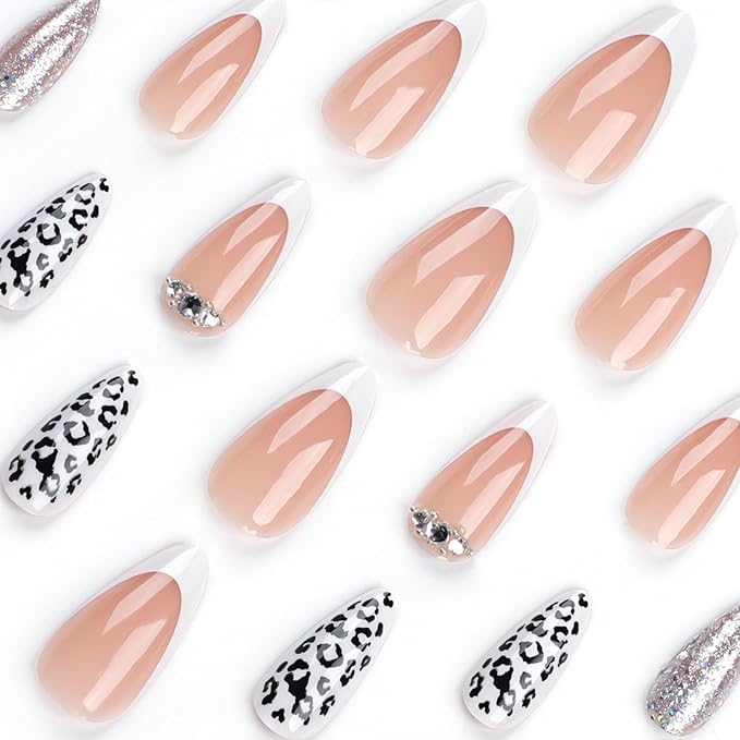 French Tips Press on Nails White with Drill Leopard Print Almond Fake Nails Nude Medium Length False Nails with Designs Full Cover Print Glitter Acrylic Glue on Nails for Women 24 Pcs