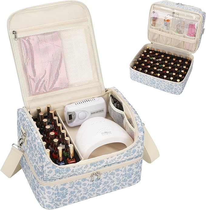 Nail Polish Organizer, Nail Supplies Storage Case Holds 69 Bottles Nail Polish & Nail Lamp, Travel Nail Tech Carrying Bag, Nail Kit Bag for Nail Stuff & Manicure Tools (Floral Blue, 69 Slots)