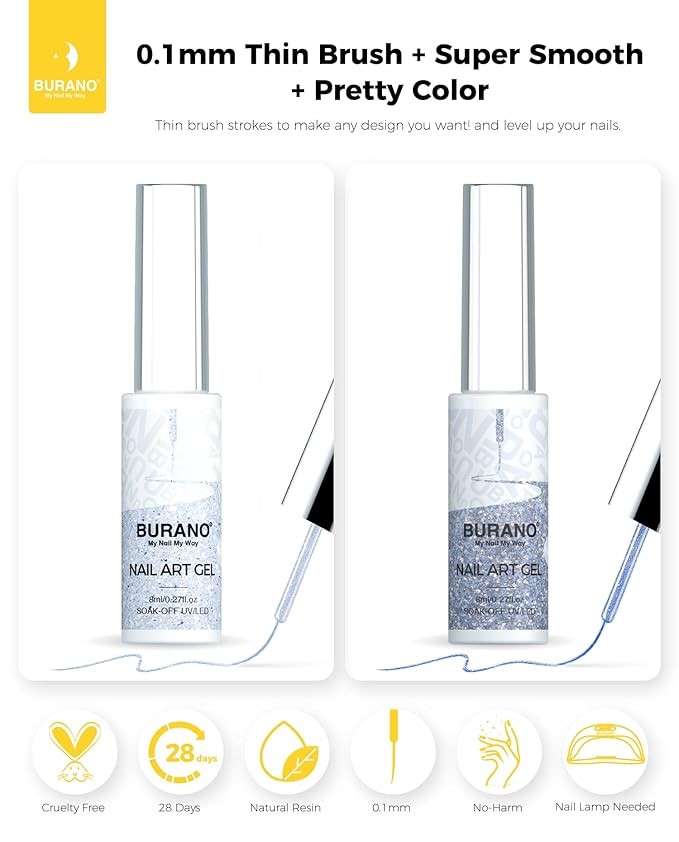 BURANO Holographic Gel Nail Polish Liner Nail Art Polish, Silver Gold Reflective Glitter Painted Gel Nail Design Polish 2 Bottle 8ml, Build in Thin Nail Brush Curing Required LX13 LX27