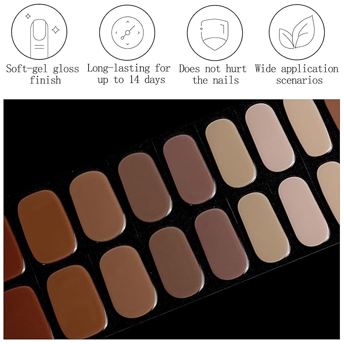 Brown Gradient Semi Cured Gel Nail Strips 20Pcs Gel Nail Stickers Full Polish Nails Wraps UV/LED Light Needed Glossy Nails Polish Strips for Women Includes Prep Pads, File, Wooden Cuticle Stick