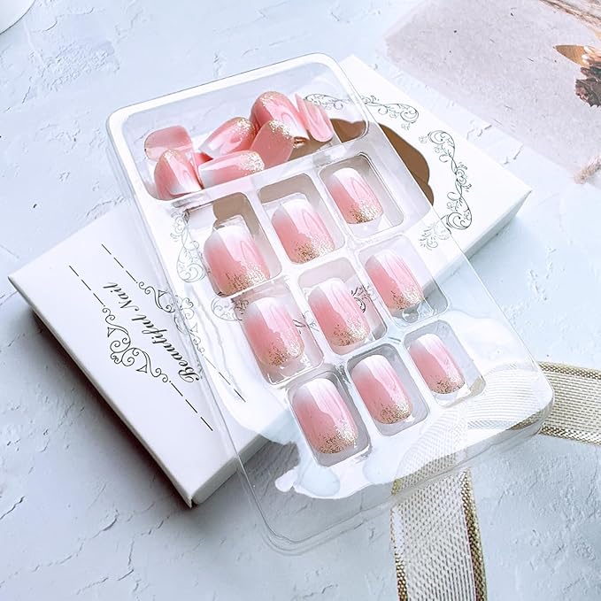 24 Pcs French Tip Press on Nails Short Square Pink White Gradient Fake Nails with Glitter Designs Reusable False Nails Glossy Glue on Nails Full Cover Artificial Nails for Women Girl