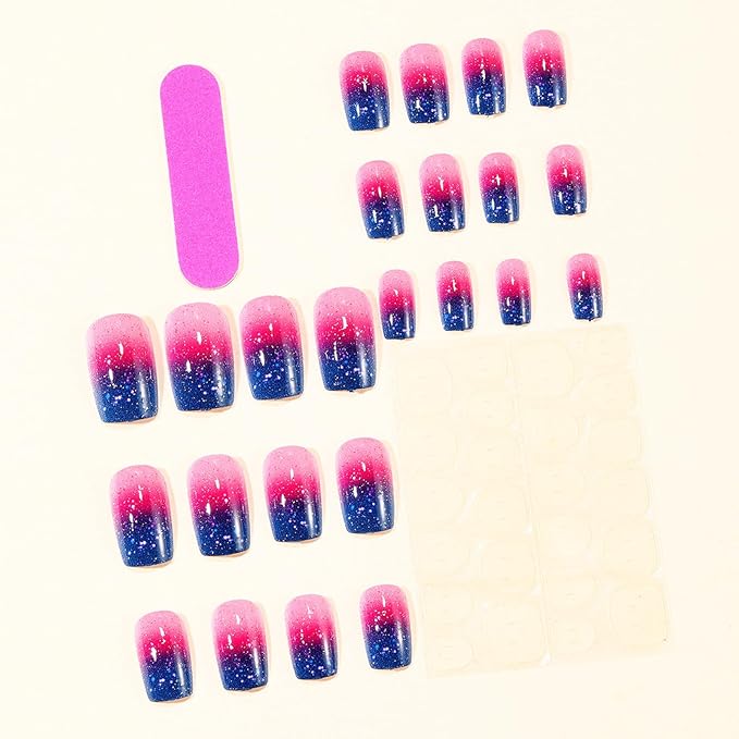 Square Press on Nails Short Fake Nails with Designs Starry Sky Stick on Nail Pink Gradient Acrylic False Nail Glitter Artificial Nail Full Cover Glue on Nails for Women