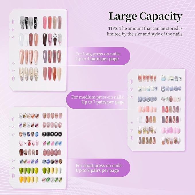 Press on Nail Organizer Binder Book, 8 A5-Sized Insert Pages & Double Sized Tape, Press on Nails Display Storage Book, Reusable Fake Nail Swatch Collecting Book (Purple)