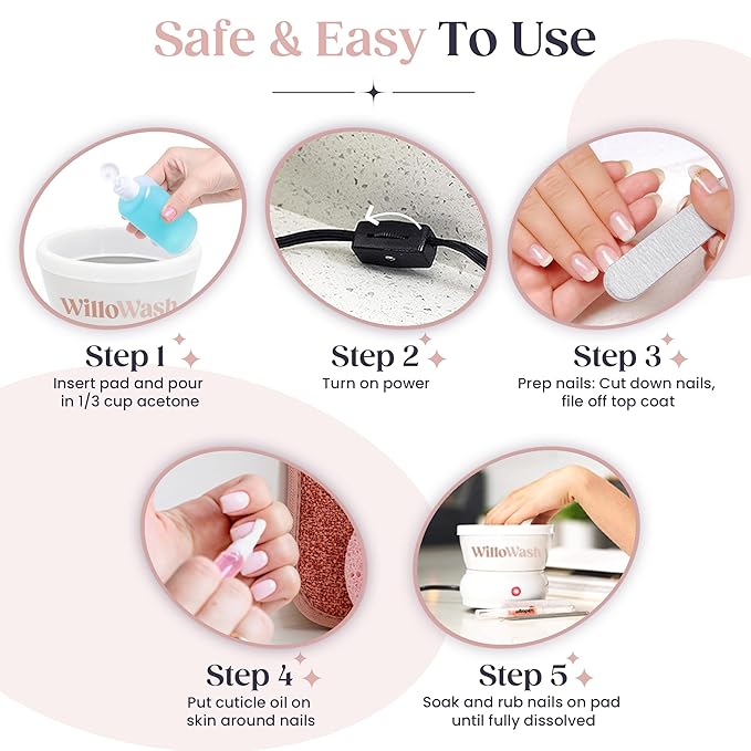 Willowash Electric Nail Soaking Bowl – Acetone-Proof Acrylic Nail Remover Kit for Home – Dip Powder & Acrylic Soak Off Bowl – 100% Pure Acetone Warmer Machine, Manicure Soaking Bowl with Tools