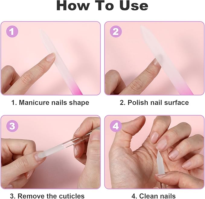 4 Pcs Glass Nail File Set, Glass Nail File & Cuticle Pusher, Glasss Nails Files with Leather Storage Bag, Nails Files Kit for Manicure Pedicure Toenail Buffer Cuticle Trimmer (Pink)