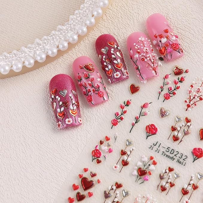 Valentines Day Nail Art Sticker for Nail Art 5D Embossed Love Heart Nail Stickers Gold Red Heart with Flower Rose Romantic Holiday Nail Art Supplies Cute Nail Decals for Women Manicure Accessories
