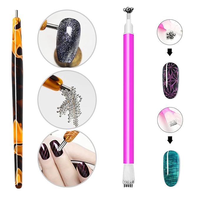 24 Pcs Cat Eye Magnet for Nails + 3 Y-Shaped Metal Brackets for Heart Cat Eye Effect Cylindrical Nail Magnet Magnetic Beads Magnet Double Ended Flower Magnet Stick for Cat Eye Nail Polish