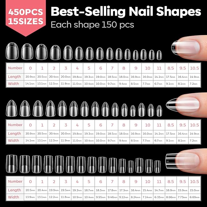 Modelones Short Almond & Square & Round Nail Tips - Multi-type 3 Styles Set Gel Tips Half Matte Full Cover Clear Acrylic Gel Kit Fake Nails for Extension DIY Salon 450Pcs 15Sizes