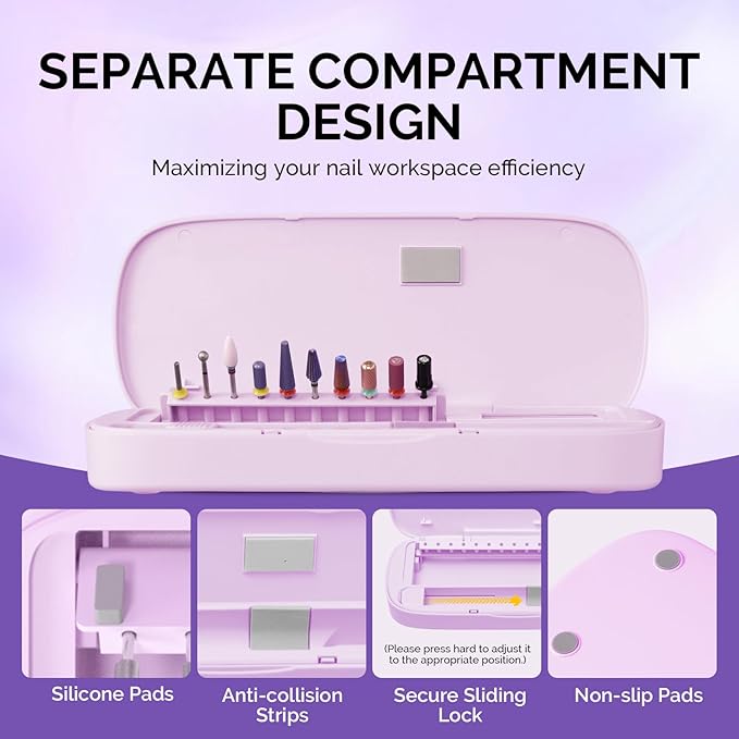 MelodySusie Acrylic Nail Tool Storage Box, Portable Dustproof Stand Displayer Holder Organizer Container Manicure Efile Accessories Nail Drill Kit Case, Travel Salon Home, Purple(Only Box)