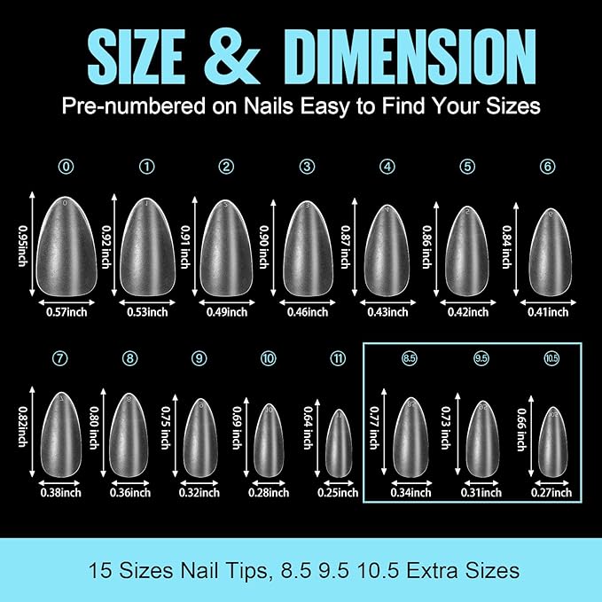 TOMICCA Medium Almond Nail Tips 15 Sizes 360pcs Full Cover Almond Fake Nails Soft Pre Shaped Gel Tips Acrylic Full Matte For Nail Extensions Home Diy Nail Salon