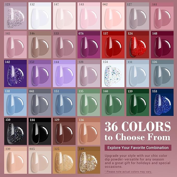 AZUREBEAUTY 170Pcs Dip Powder Nail Kit, 36 Colors Fall Winter Red Glitter Brown Christmas Dipping Powder Starter with Top/Base Coat Activator & Removal Accessories Set for French Manicure Salon
