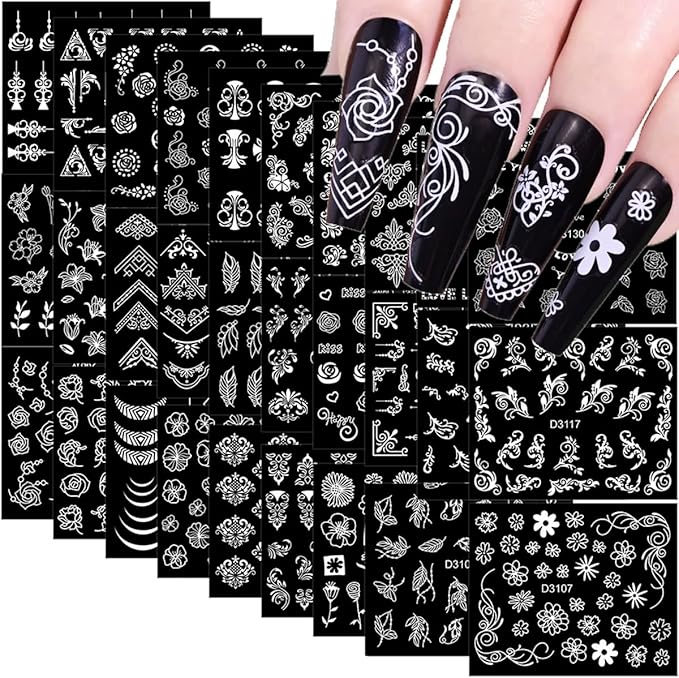 90 Sheets Flower Nail Stickers 3D Self-Adhesive Gold White Black Nail Decals Lace Retro Floral Leaf Nail Art Designs for Women and Girls Nail Art Decoration Accessories with Nail Tweezer