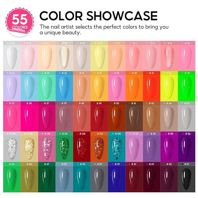 COSCELIA 60PC Gel Nail Polish Kit with U V Light 55 Colors Gel Polish 5PC Top Base Coat Nail Decorations Winter Spring French Gels Manicure Kit Salon DIY at Home Valentines Day Gifts for Women