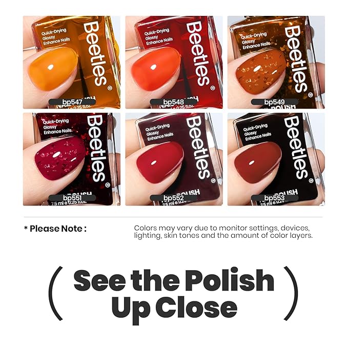 Beetles Valentines Nail Polish Set - Golden Harvest 6 Colors Quick Drying Long-Lasting Burgundy Red Brown Jelly Glitter Valentines Nail Polish for DIY At-Home Manicure Valentines Gift for Women